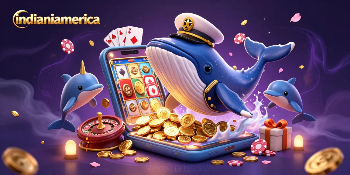 Engage with indianiamerica's vibrant casino scene featuring a whale and playful dolphins amidst riches.
