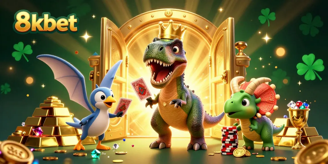 Engaging scene of 8xbet's casino characters enjoying card games, surrounded by golden treasures and excitement.