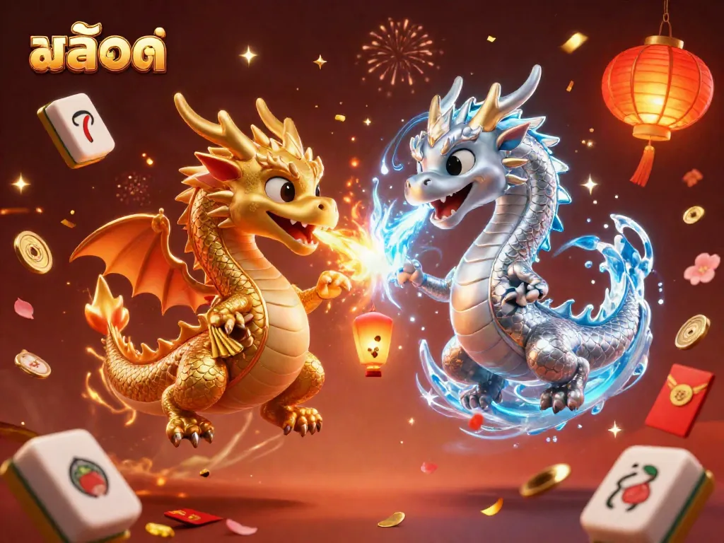 Experience stunning สล็อต dynamics with twin dragons and slot elements in vibrant celebration.