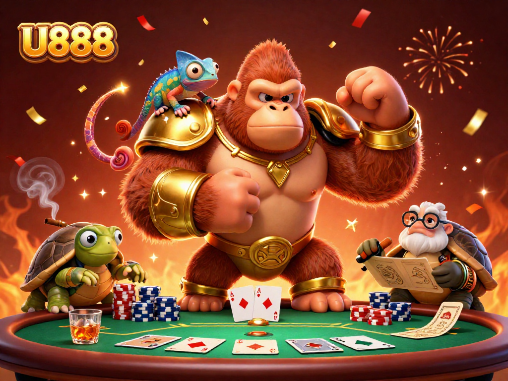 U888 celebrates with high-stakes poker action, featuring colorful chips and charismatic characters.