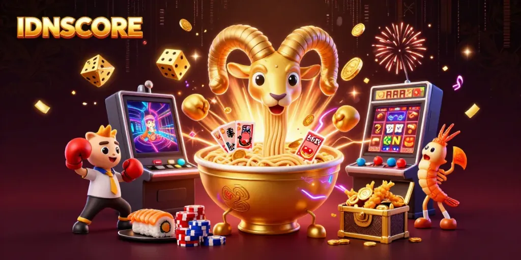 IDNSCORE features a giant golden ramen bowl character dealing cards and surrounded by a vibrant casino atmosphere.