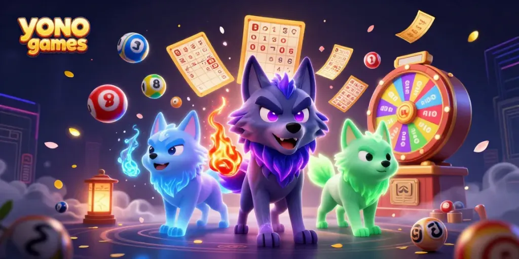 Engage in exciting gameplay with Yono Games featuring cartoon wolves and vibrant casino elements.