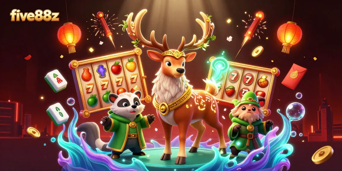 Experience the excitement of five88z with vibrant slot reels and mythical creatures in this dynamic casino scene.