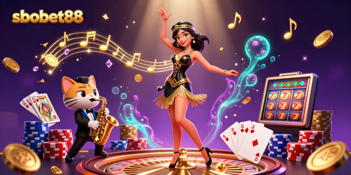 Spin the reels with sbobet88 in this lively 3D illustration showcasing casino excitement and flair.