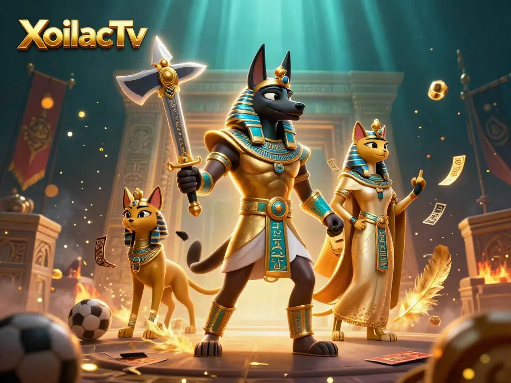 XoilacTv brings excitement with an Egyptian warrior and cat amidst sports betting elements.