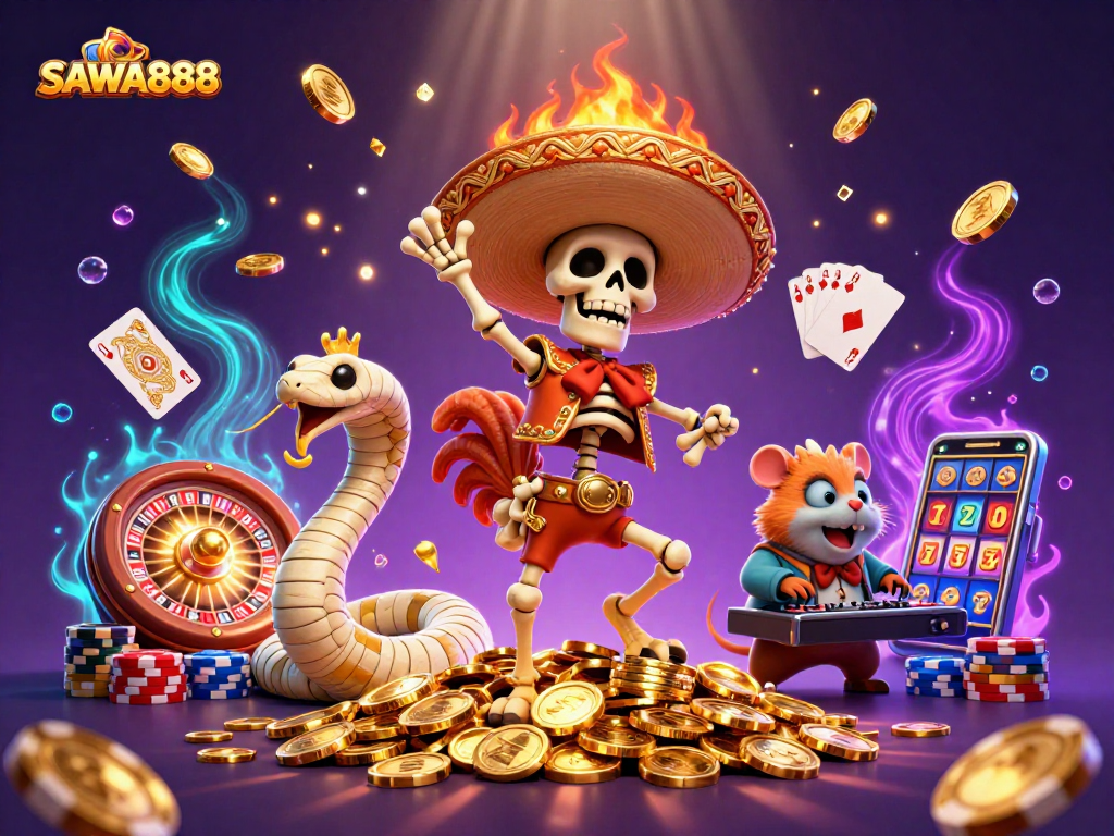 SAWA888 showcases a festive scene with a mariachi rooster, mummy snake, and DJ hamster celebrating with winning symbols and coins.