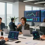 Investors strategizing to buy in BRICS crypto in a modern workspace.