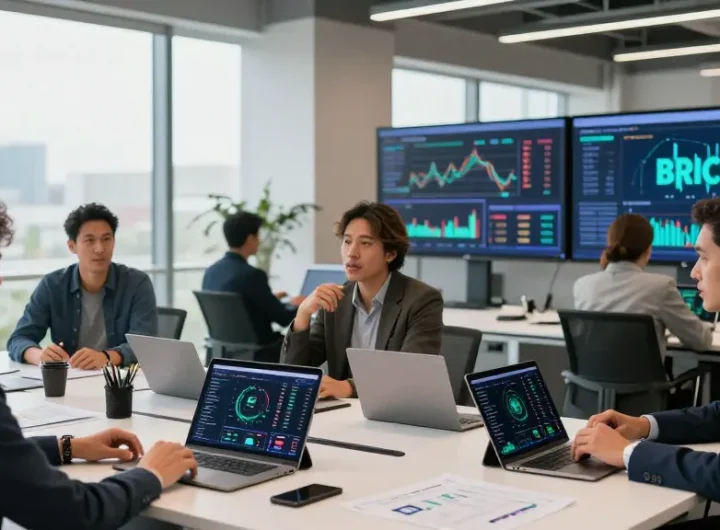 Investors strategizing to buy in BRICS crypto in a modern workspace.