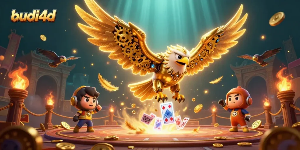 Experience winning excitement at budi4d with a cybernetic eagle soaring through holographic cards amidst vibrant casino elements.