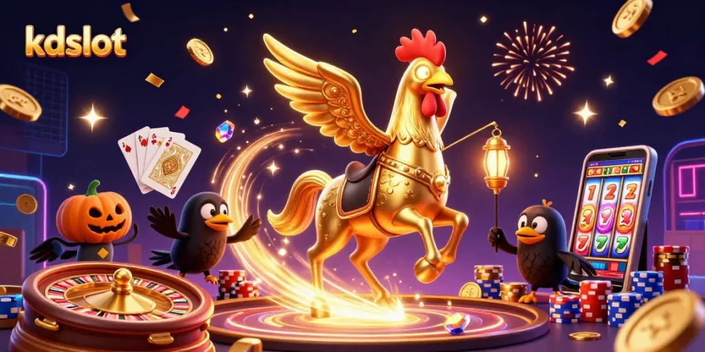 KDSlot energetic gaming scene featuring a golden rooster and treasures flying in a festive casino atmosphere.