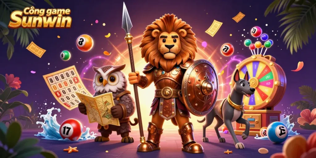 Cổng game Sunwin showcases vibrant gaming dynamics with colorful lottery elements and characters in action.