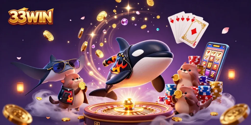 Experience the thrill of 33WIN with orca and sea otters in a vibrant casino scene.