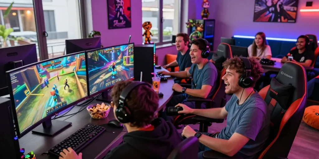 Hitclub gaming community gathering with friends playing multiplayer games in a vibrant lounge.