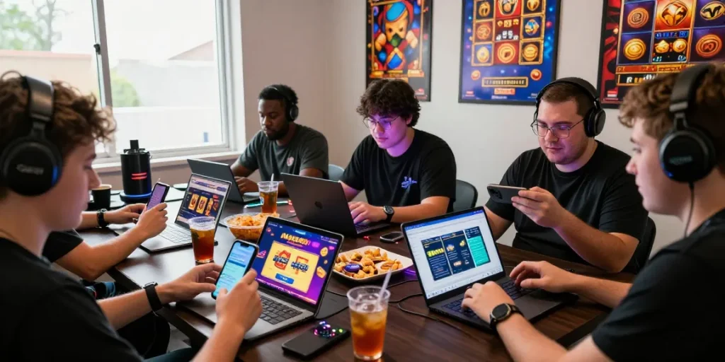 Players enjoying Mega888 on devices in a lively gaming environment with snacks and colorful lights.
