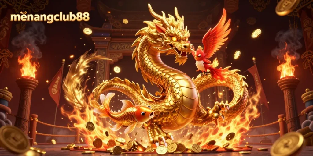 Experience thrilling gameplay at menangclub88 with a dynamic dragon and phoenix in a casino atmosphere.