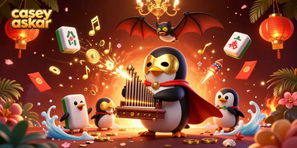 Engage with casey askar’s intriguing casino-themed art featuring a golden penguin organist and dynamic elements.