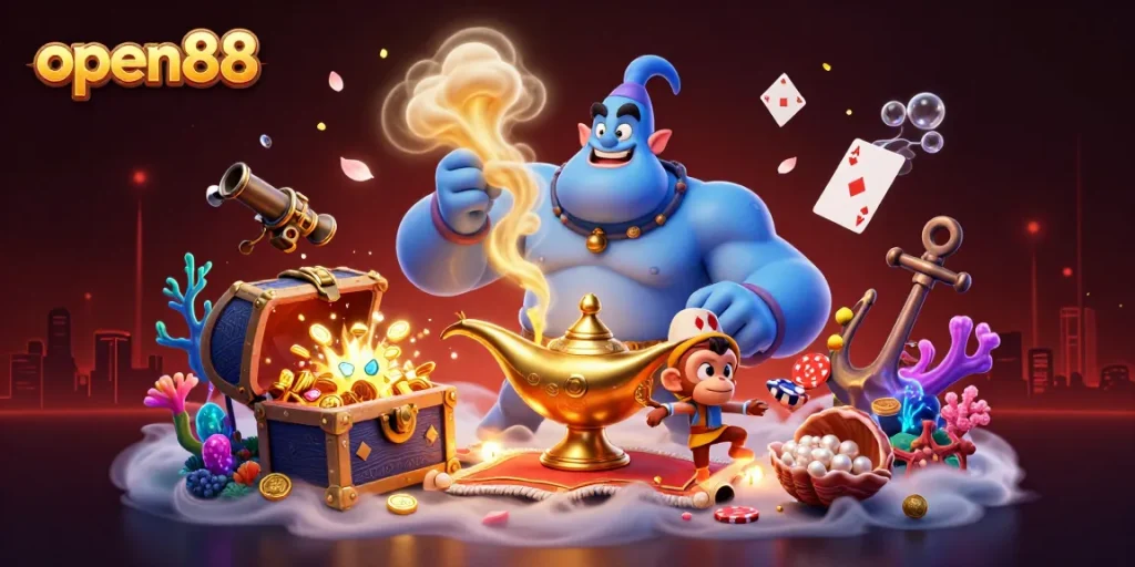 Experience the magic of open88 with a 3D genie, poker chips, and treasure in vibrant color.