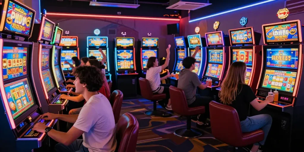 Pemain merayakan kemenangan slot di arcade yang dipenuhi cahaya neon, memberikan pengalaman permainan yang mendebarkan.