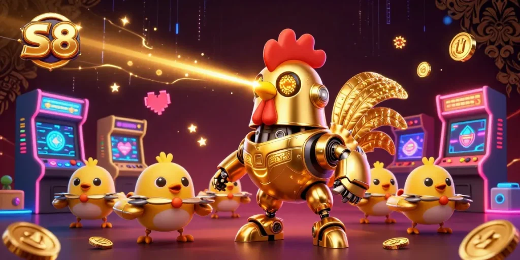 Engage in thrilling gameplay with S 8 as the vibrant golden rooster robot leads a dynamic arcade adventure.