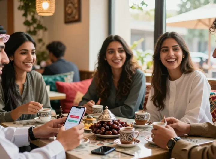 Dynamic group conversation at a cafe featuring شات الرياض on smartphone.