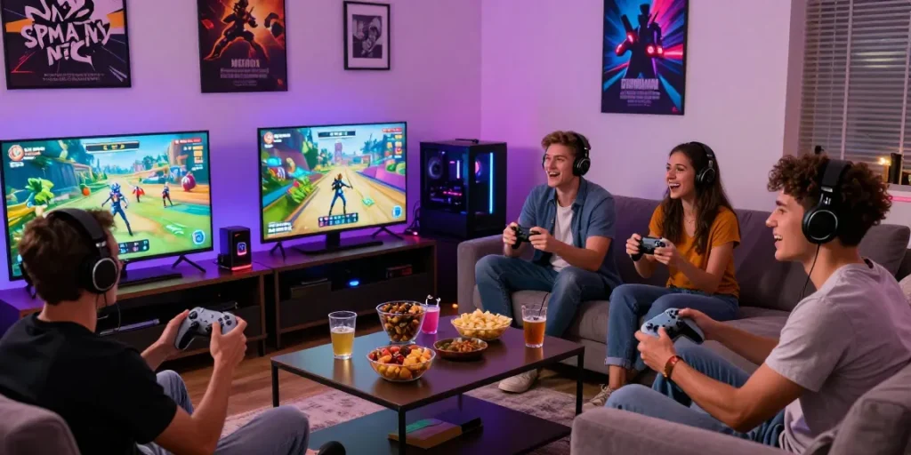 Friends enjoying a gaming night with rokok88 highlighted on TV screen, snacks, and vibrant LED lights.