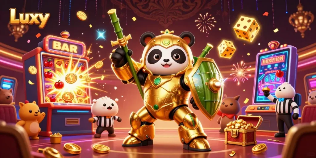 Luxy showcases immersive gaming with a mech-suit panda battling in a vibrant casino scene.
