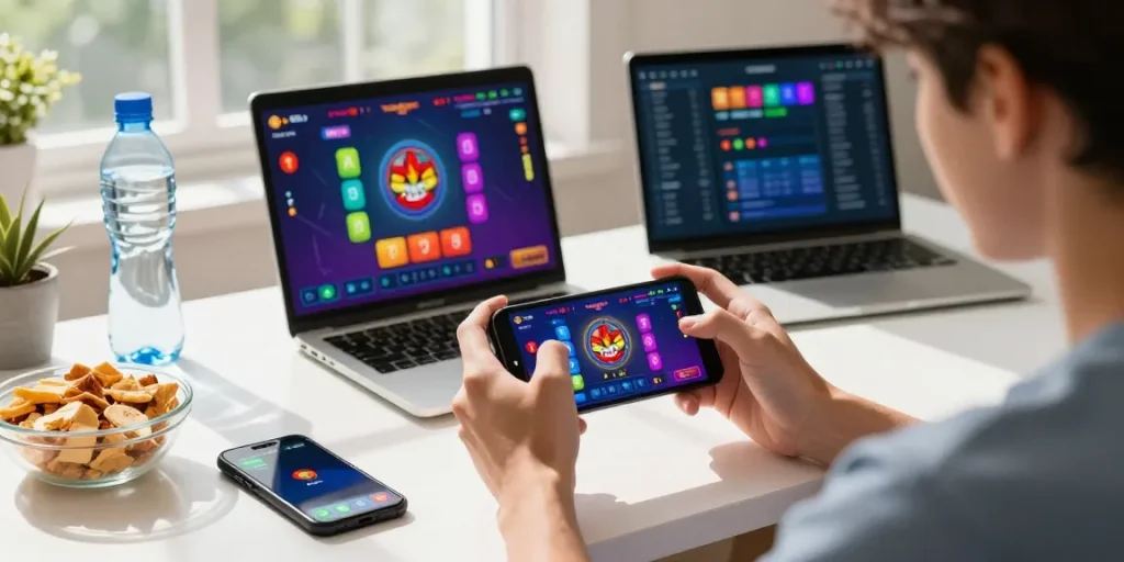 Tiranga Game user playing on a mobile device amidst colorful gaming elements.