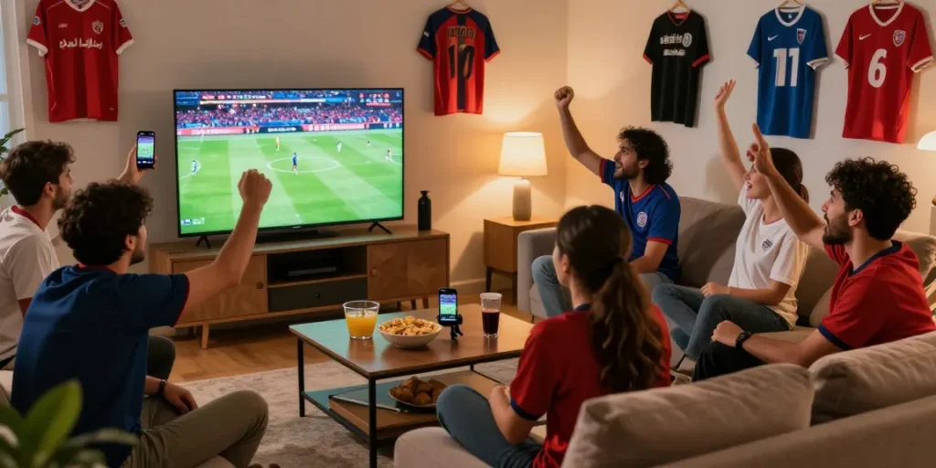Fans celebrating مباريات اليوم in a lively living room, watching live football on a large screen with snacks and drinks.