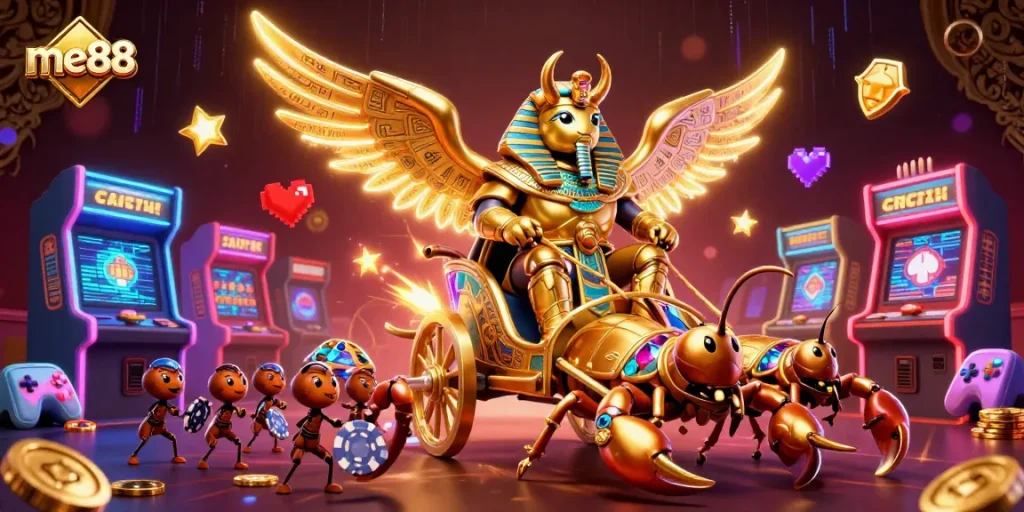 Experience the excitement of me88 with a vibrant casino scene featuring a golden scarab and gaming elements.