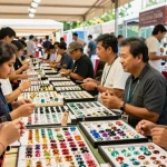 Explore a vibrant gem merchants' market at https://www.mygemspot.com, showcasing quality gemstones and engaging interactions.
