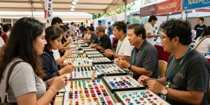 Explore a vibrant gem merchants' market at https://www.mygemspot.com, showcasing quality gemstones and engaging interactions.
