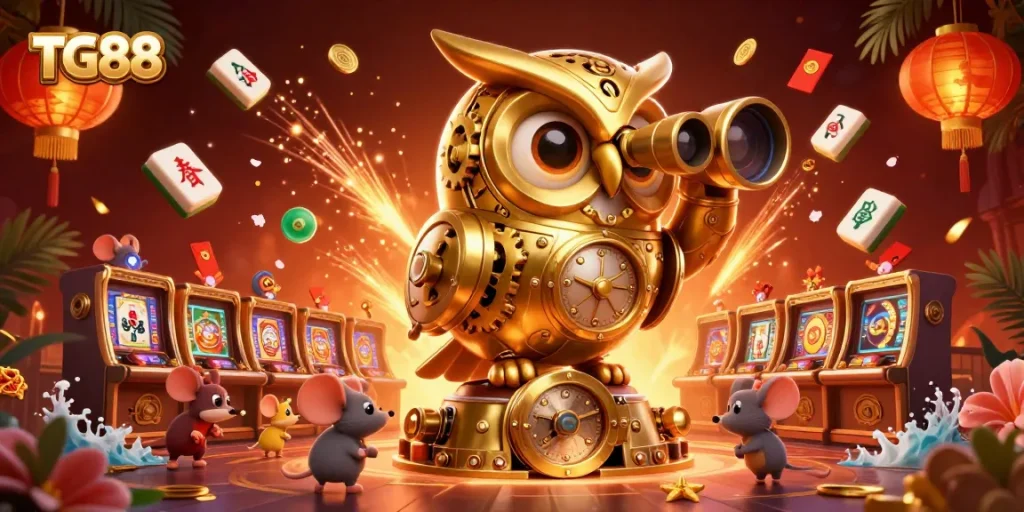 The TG88 casino showcases vibrant action with the golden owl overseeing, guiding players through exciting gaming experiences.