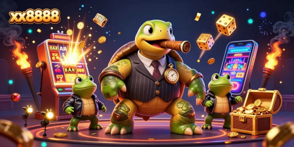 Spin to win with xx8888 at an exciting casino scene featuring vibrant characters and slots!