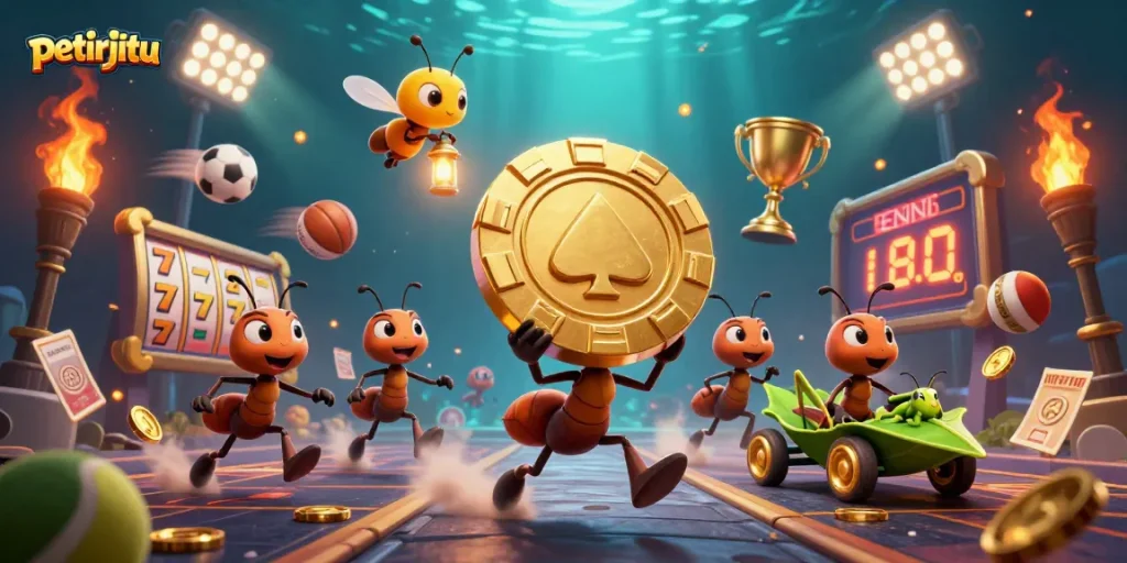 Petirjitu menampilkan tim semut 3D membawa chip poker emas di bawah sinar lentera, dikelilingi elemen kasino dinamis.
