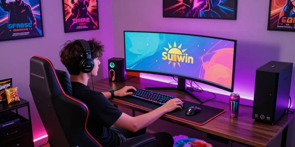 Engaged gamer at a sunwin-themed setup, showcasing an immersive gaming atmosphere with vibrant LED lighting.