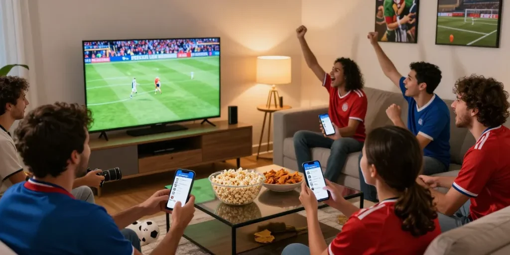 Fans enjoying Pelota Libre football streaming in a cozy living room