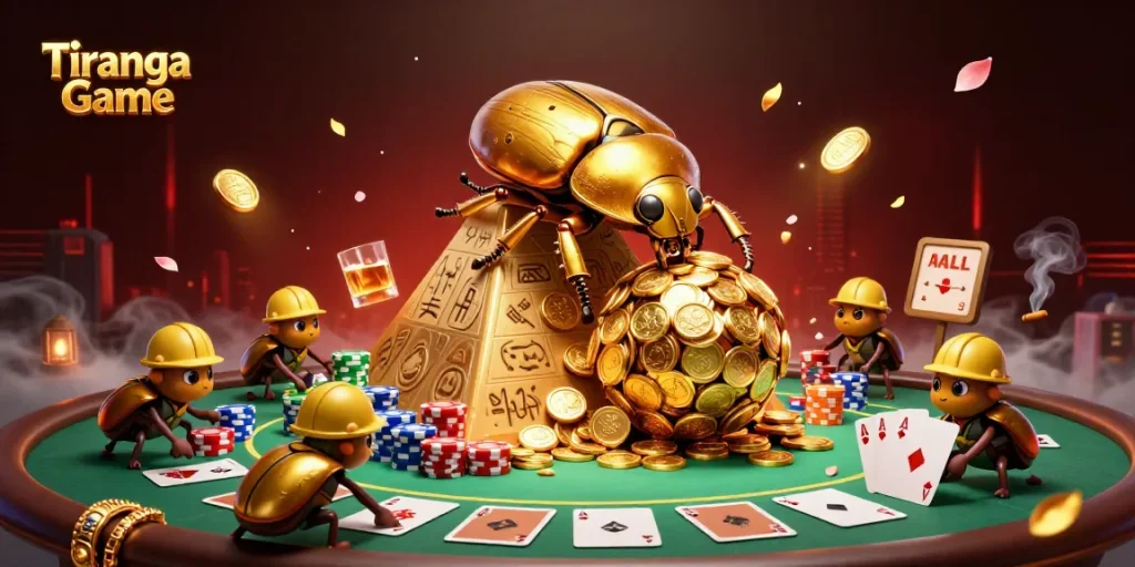 Tiranga Game features engaging gameplay with a vibrant beetle scene rolling gold coins, emphasizing mobile gaming action.