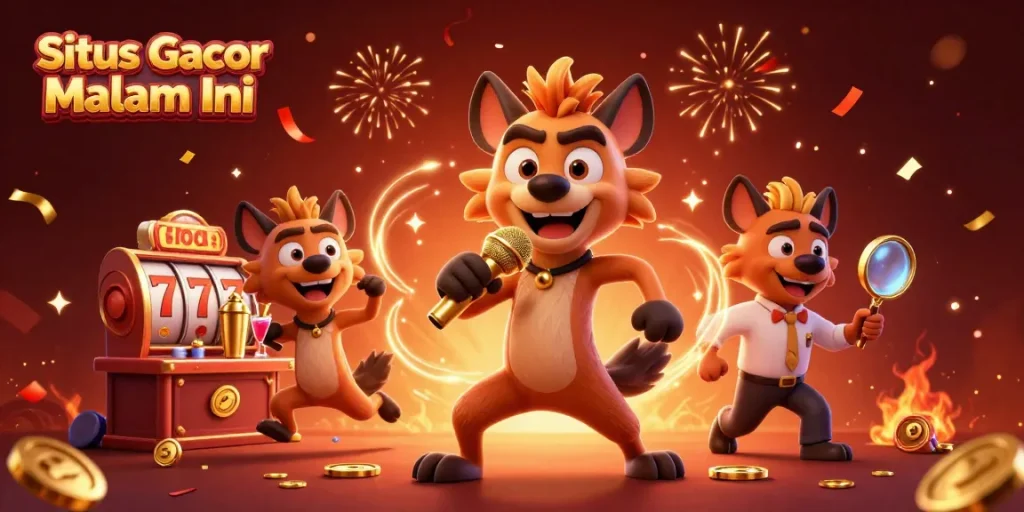 Situs Gacor Malam Ini features a lively scene with hyenas running a casino, emphasizing fun and jackpot excitement