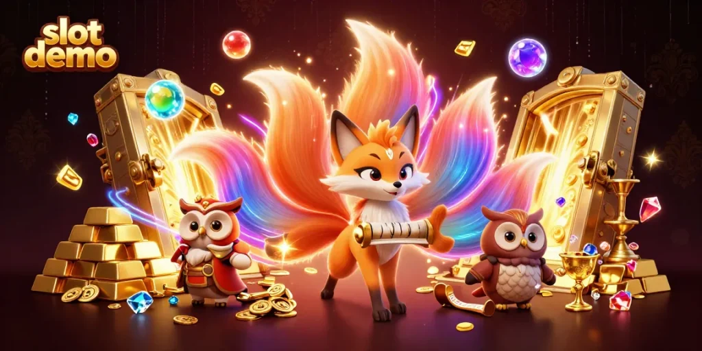 Slot demo untuk permainan kasino dengan karakter unik dan elemen berkilau yang menarik.