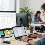 Digital marketer reviewing a list of newly registered domains for backlink strategies in a modern office.
