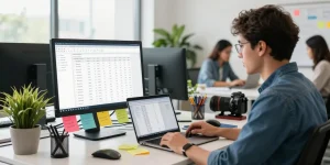 Digital marketer reviewing a list of newly registered domains for backlink strategies in a modern office.