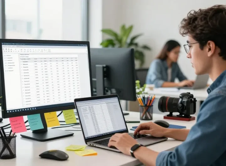 Digital marketer reviewing a list of newly registered domains for backlink strategies in a modern office.