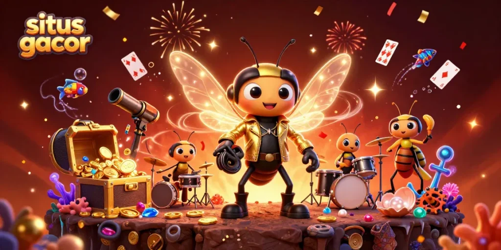 Experience situs gacor gaming with vibrant casino characters surrounded by riches and excitement.