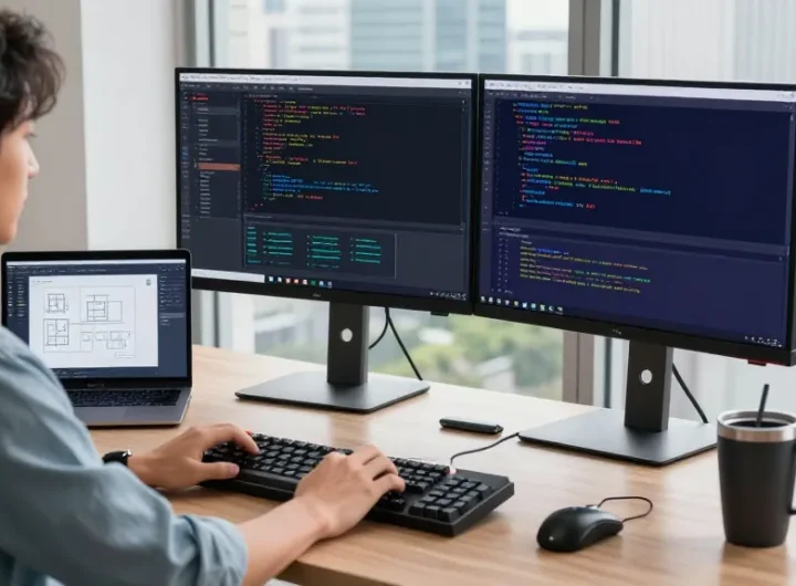 Workspace pengembangan perangkat lunak di https://miami4d.com/ dengan pengembang yang fokus pada monitor penuh kode.