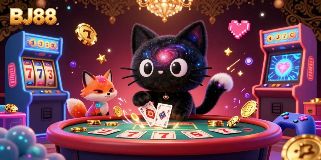 Experience thrilling gaming action at BJ88 with vibrant slot machines and cosmic characters in a bustling casino.