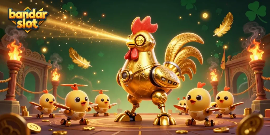 Rasakan keseruan bandar slot dengan robot ayam emas dan drone mengikuti di arena bertarung.