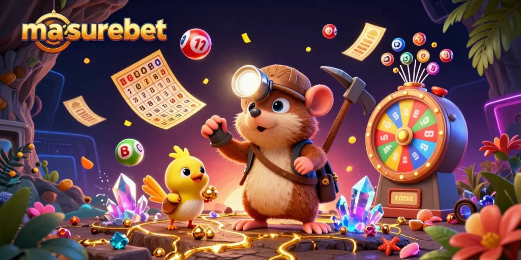 Experience lottery excitement with masurebet in a vibrant scene filled with colorful balls and prizes.